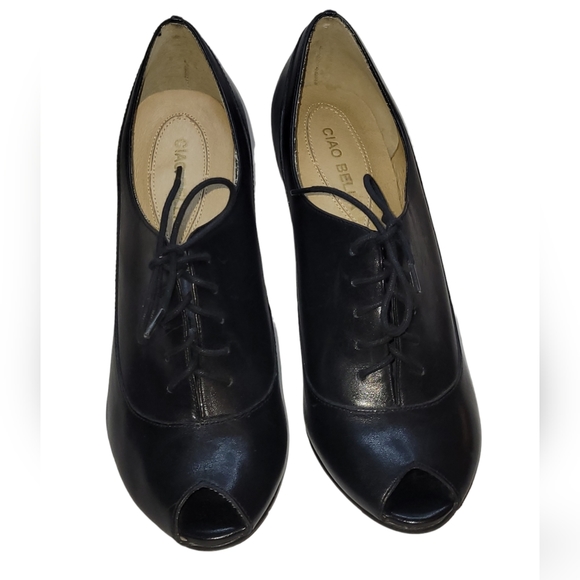 Ciao Bella 40's Style Black Leather Open Toe Peep Lace Up Heels Size 8 1/2 - Picture 2 of 8